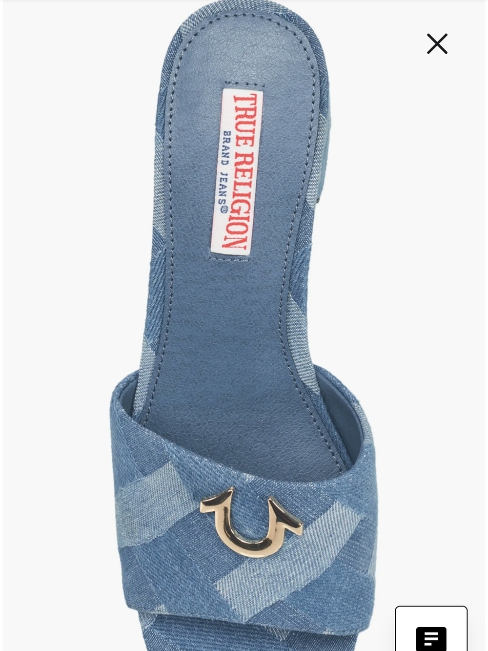 True Religion Blue Denim Single Strap Logo Block-Print Sandal Heels Size 7 - Picture 6 of 10
